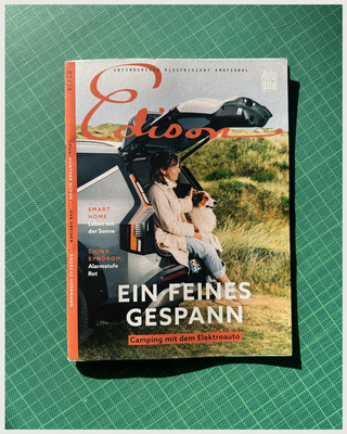 Cover story about camping with an electric car in Denmark. Edison Magazine 02/24